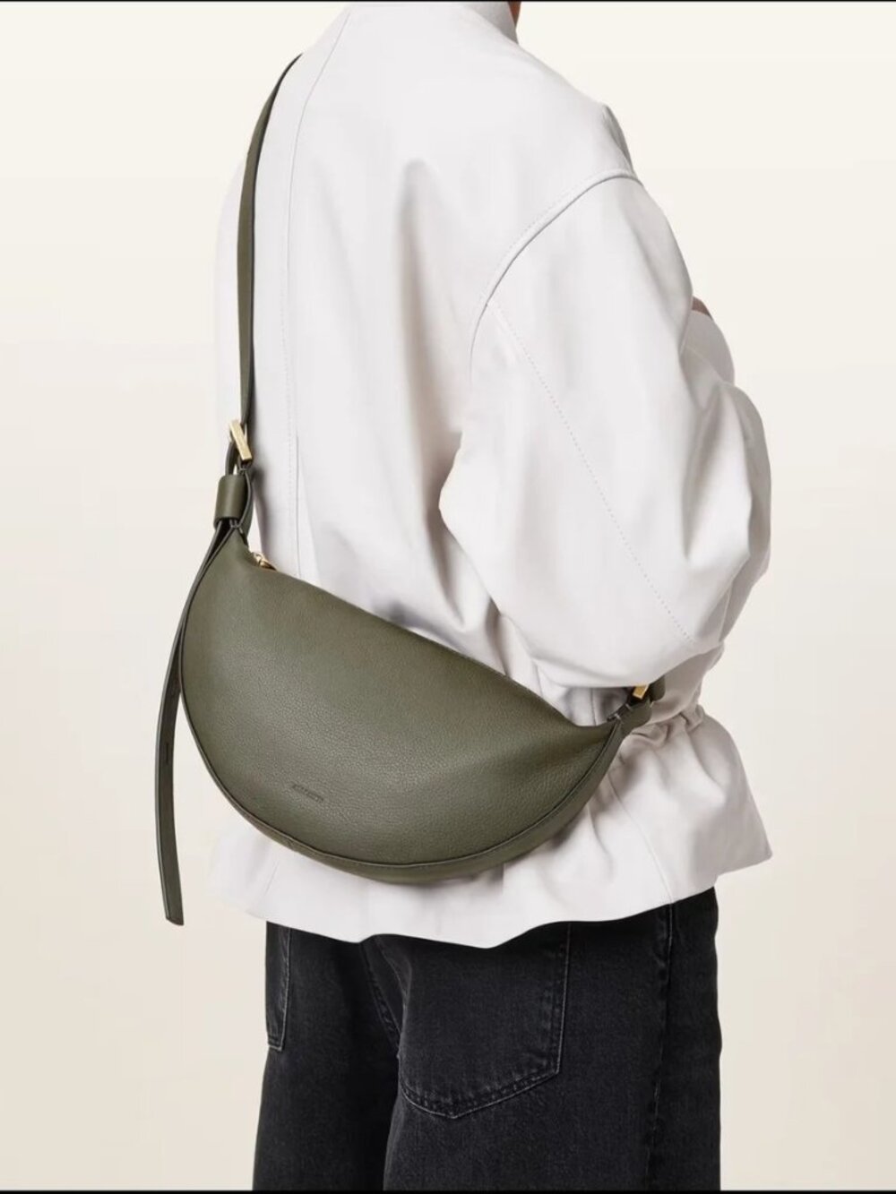 AllSaints Half Moon Leather Crossbody Bag – Gray Green Silver Hardware